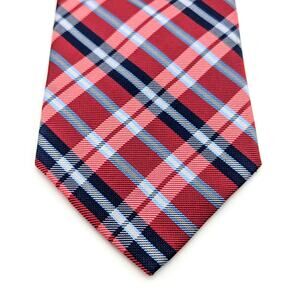 Izod Silk Tie Plaid Preppy Ivy League Heritage Americana Coastal Red Navy White